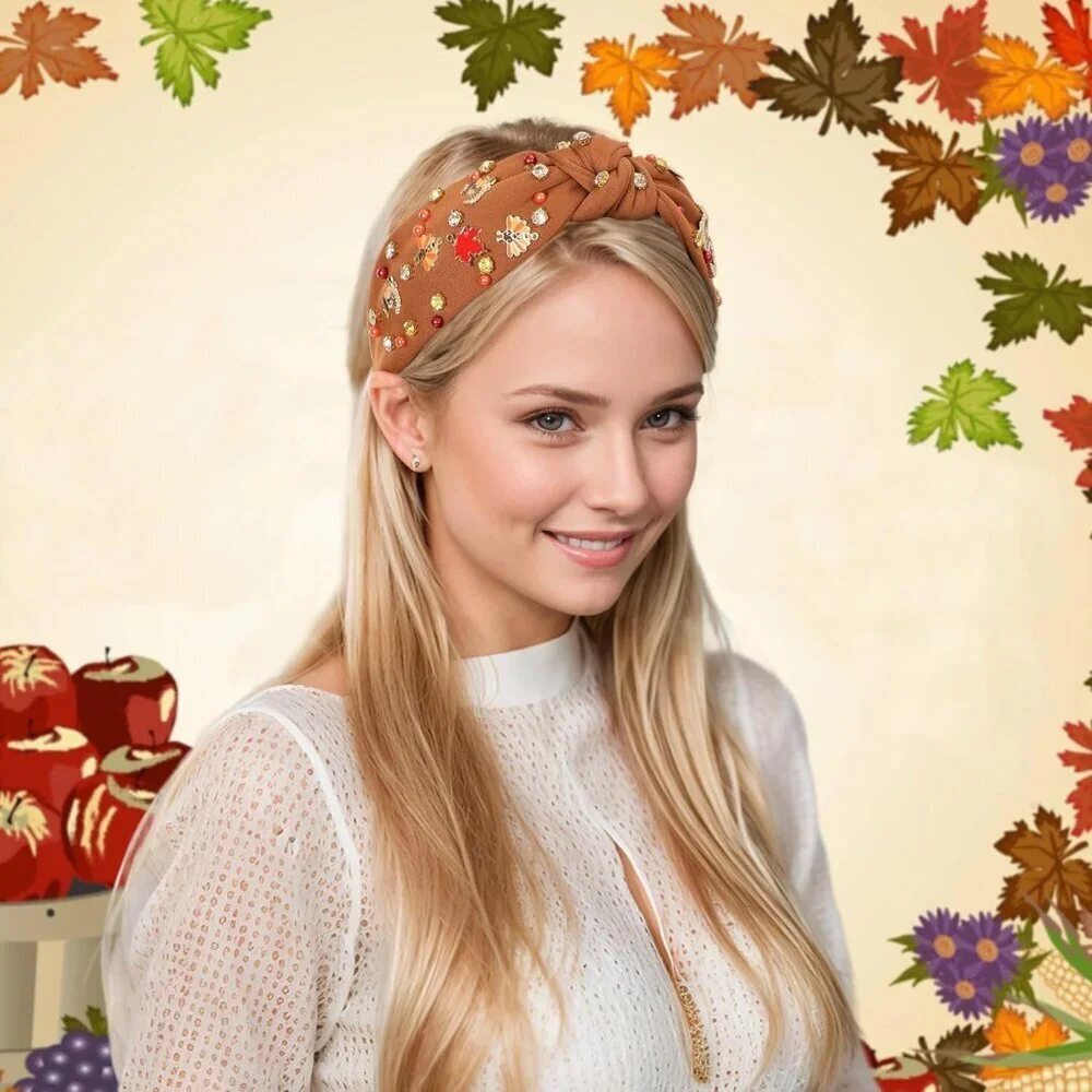 Thanksgiving Turkey Headband Women Fall Festive Rhinestone Beaded Hair Accessory